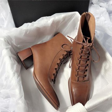 森嶼海巷 法式復古 2025新款真皮高跟檫色氣質系帶方頭通勤短靴女