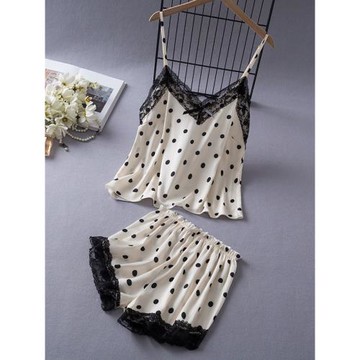 夏季學生睡衣女薄款冰絲綢吊帶短褲兩件套蕾絲邊韓版性感家居服