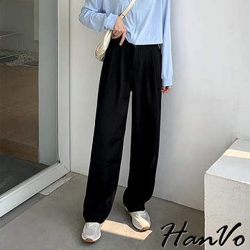 【HanVo】長腿秘密#高挑打褶西裝直筒褲 百搭休閒寬褲 高挑顯瘦闊腿寬褲 女生長褲 A04-2590