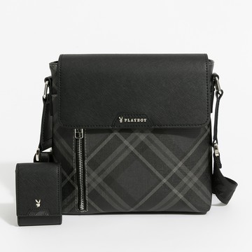 PLAYBOY - 翻蓋斜背包  Black Diamond Plaid系列 - 灰色/161-0106-06-7