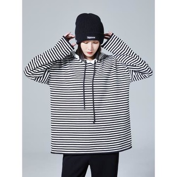 連帽套頭衛衣女秋冬2025時尚新款條紋t上衣寬松慵懶風長T恤潮小衫