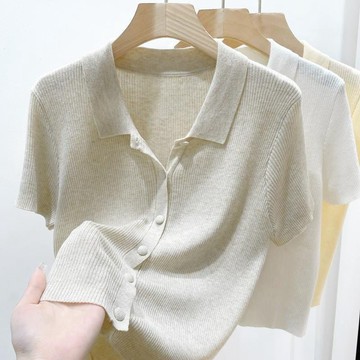 台灣出貨 薄款Polo領針織衫女夏季氣質顯瘦短袖小個子純色百搭短款開衫上衣 polo衫 休閒上衣 翻領短袖 t恤女