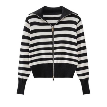 翻領長袖針織開衫外套女2023秋冬裝新款撞色條紋雙拉鏈毛衣短上衣
