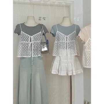 刺繡蕾絲吊帶小背心女夏季疊穿短袖T恤外搭開衫馬甲罩衫無袖上衣