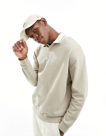 ASOS DESIGN oversized rugby polo sweatshirt with tipping in beige-Neutral