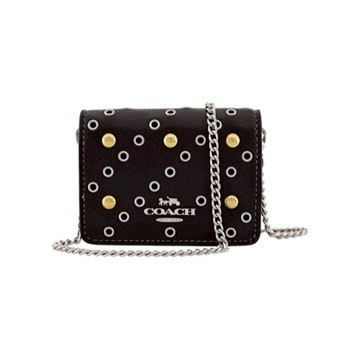 [平輸版] 【COACH】金銀鉚釘黑色荔枝紋皮革鍊帶頸掛斜背方型卡夾零錢小廢包 真品平輸