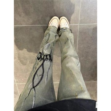 歐美式vibe復古火焰印花牛仔褲女高街做舊顯瘦微喇叭長褲ins潮牌