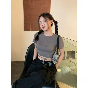 美式復古辣妹風字母印花抽繩短袖T恤短版短袖上衣