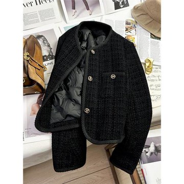 黑色加絨內里羽絨服小香風短外套女2025冬裝新款高級粗花毛呢上衣