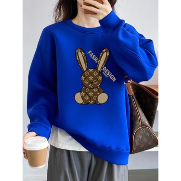 克萊因藍長袖衛衣女加絨秋冬2025新款寬松設計感小眾兔子印花上衣