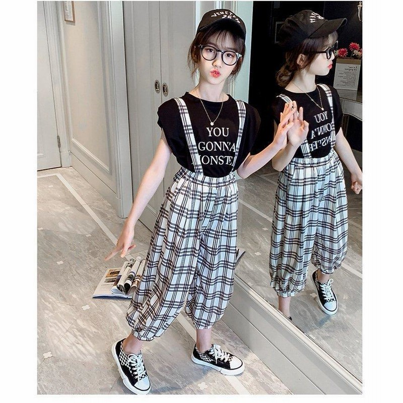 子供服 女の子 夏服 韓国子供服 セットアップ 上下セット 半袖 tシャツ ズボン チェック柄オーバーオール サロペット ジュニア 通販  LINEポイント最大GET LINEショッピング