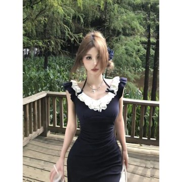 (免運)Mejiu蜜九【甜欲捕手】純欲辣妹吊帶連衣裙女顯瘦一字肩收腰長裙