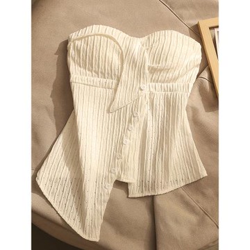 法式白色鏤空吊帶背心自帶胸墊不規則設計性感純欲抹胸上衣女外穿