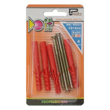 DIY用長袖尼龍釘套木螺絲組 長尼龍栓套木螺絲組 塑膠塞子木螺絲組 塑膠壁虎木螺絲組 MNL 8x60mm