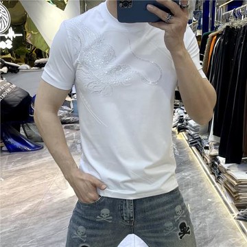 短袖T恤男潮牌時尚圓領打底衫個性龍燙鉆半袖體恤2024年新款夏季