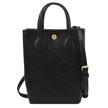 GUCCI GG LOGO壓紋皮革手提斜背兩用包(黑色)
