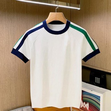 夏季新款潮流拼色條紋修身t恤男 休閑運動風白色針織上衣男士短袖