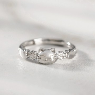 [999足銀]金運萌喵招財貓貓咪可調式戒指-銀