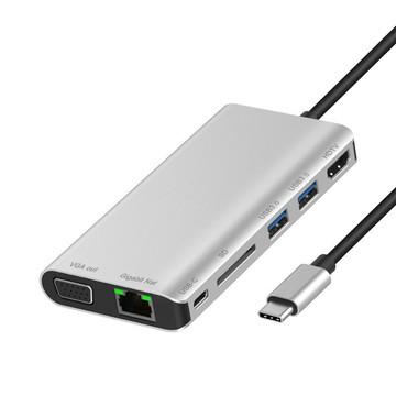 擴展塢 USB-C 多功能筆電擴展底座 HDMI Type轉HDtv +VGA+USB3.0+SD讀卡+千兆網口+PD type擴展塢八合一