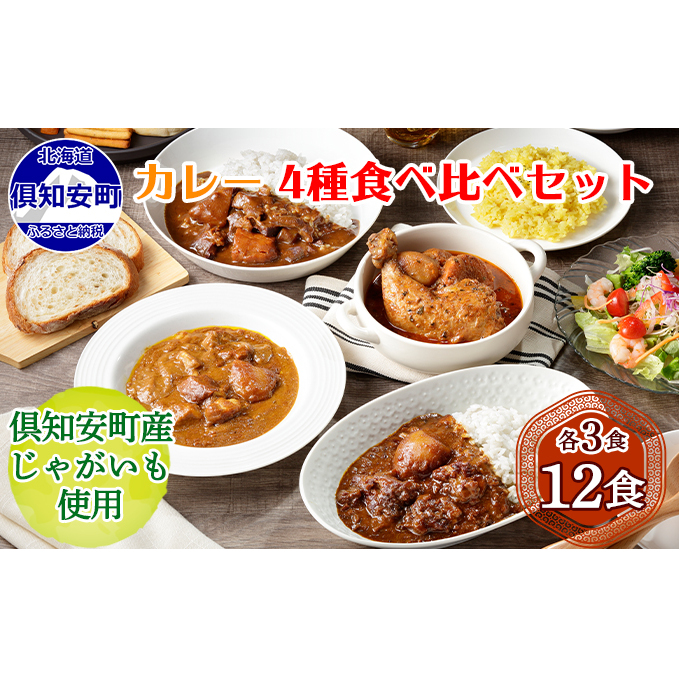 先行受付北海道 倶知安 カレー 4種 食べ比べ 各3個 計12個 中辛 スープカレー ビーフカレー ポークカレー 牛すじカレー じゃがいも 牛肉 豚肉 鶏 チキン 業務用