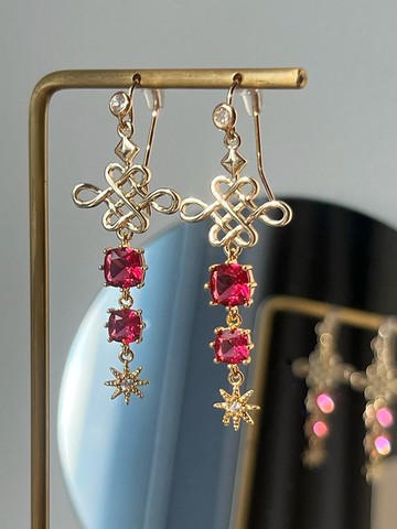 新年快樂~原創設計小眾紅色耳環新中式新娘秀禾耳夾國風禮物