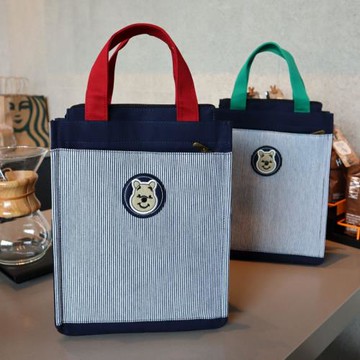 條紋小熊學生帆布飯盒包便當包手提袋上班A4文件資料包學生補課包