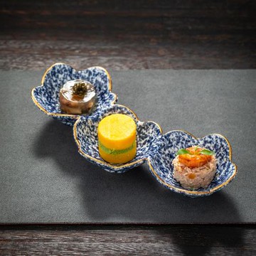 酒店特色網紅時尚陶瓷餐前菜三格碟色釉藍斑點開胃小菜盤子碗餐具