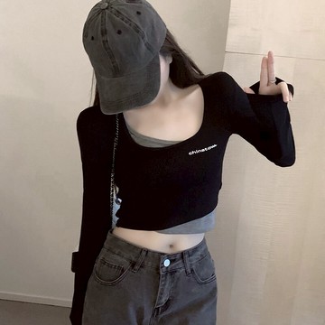 黑色假兩件長袖上衣短款露臍高腰緊身性感u領t恤女顯瘦灰色打底衫