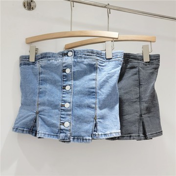 ParrotFashion2024春夏新款性感辣妹單排扣牛仔抹胸街頭潮流裹胸露肩外穿上衣