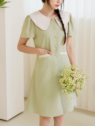 娃娃領配色口袋襯衫短洋裝