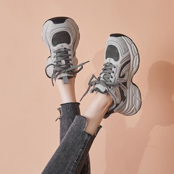 厚底老爹鞋女輕便2024秋冬季新款真皮網面復古百搭加絨休閑運動鞋