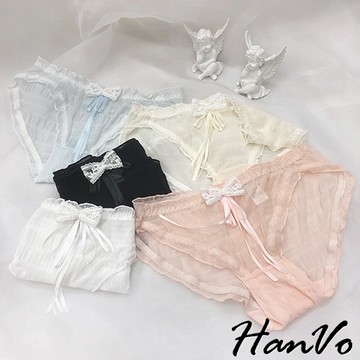 【HanVo】仙女蝴蝶結網紗蕾絲內褲 輕盈涼感透膚中腰 舒適親膚透氣網紗蕾絲內褲 獨立包裝 內褲 內著 A11-5619