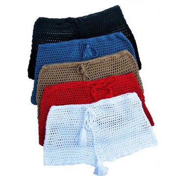 2023歐美比基尼新款純色系帶針織褲女大碼平角鏤空沙灘泳褲女短褲