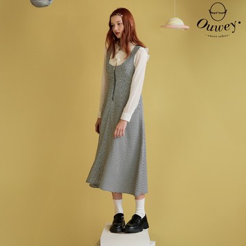 OUWEY歐薇 大U領千鳥格高腰背心長洋裝(黑色；S-L)3233327338