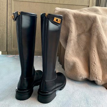 2025春秋新款復古小金扣厚底長筒靴女粗跟長靴高筒靴后拉鏈騎士靴