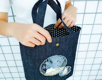 長扇 貝殼海砂海洋泡泡深藍水洗牛仔手提袋 外出包 購物袋