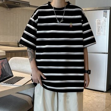 撞色條紋短袖t恤男女潮流2024夏季情侶百搭寬松外穿體恤衫上衣服