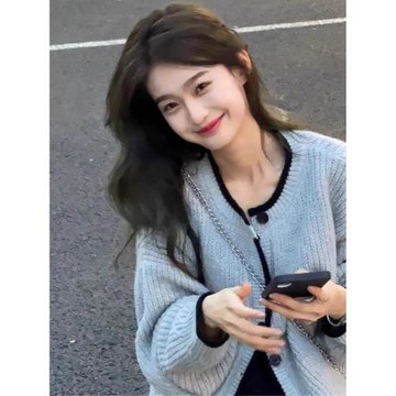 韓系溫柔風藍色軟糯圓領針織開衫女秋冬浣熊絨毛衣外套慵懶風上衣