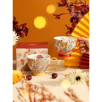 藍蓮花羨鳥文社龍年限定杯子手繪釉下彩早餐杯高顏值陶瓷馬克杯