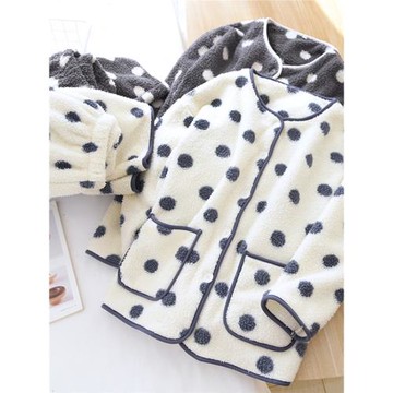 睡衣女米粒絨冬季長袖長褲圓點加厚開衫法蘭絨套裝保暖簡約家居服