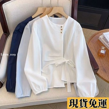 🌸限時下殺🌸韓系氣質長袖襯衫女款秋季蝴蝶結綁帶別致襯衣不規則設計獨特上衣