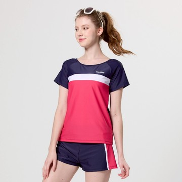 莫妮娜MIT 短袖圓領二件式泳裝 紅色 加大尺寸-XL