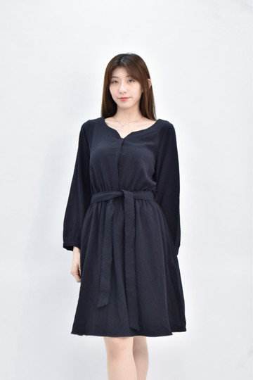 (S) ps company 綁帶長袖鬆緊腰藍色洋裝