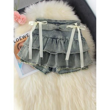 荷葉邊蝴蝶結高腰防走光牛仔半身裙2025春夏季新款花苞蛋糕a字裙