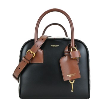 BURBERRY CUBE經典格紋拼接皮革兩用包(卡其黑)