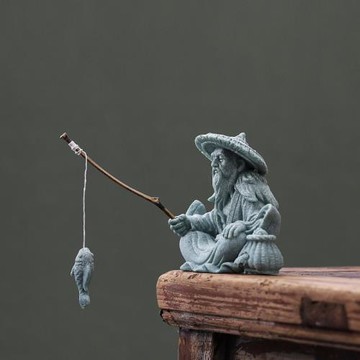 創意迷你姜太公垂釣茶寵擺件中式青砂石茶道裝飾趣味魚缸造景擺設