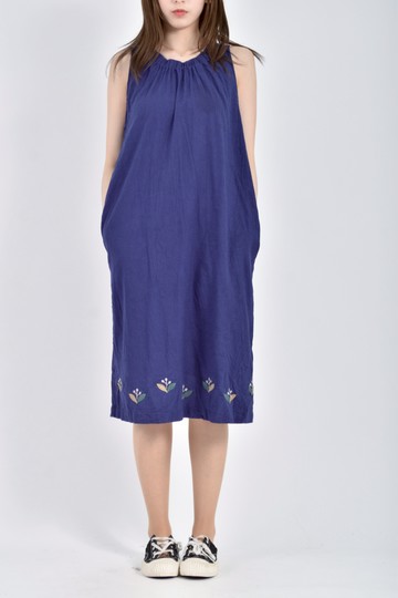 (2XL) north object de petit吊帶棉質無袖藍色長裙