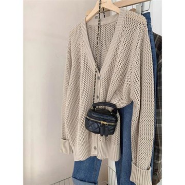 法式鏤空v領冰絲長袖針織開衫毛衣女秋冬季寬松披肩外套復古上衣