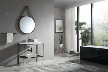 【麗室衛浴】人造石造型臉盆C-281 含白鐵煙燻黑鐵架配造型化妝鏡