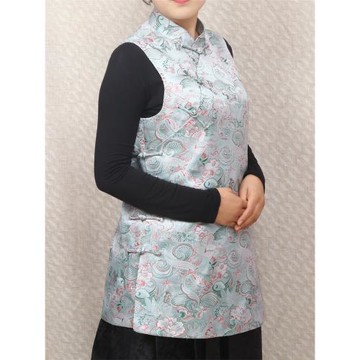 早春秋民族風中式盤扣立領無袖中長款偏襟馬夾馬甲上衣女裝織錦鍛